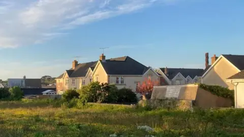 A number of houses, with a green field in the foreground. A blue sky with light clouds.