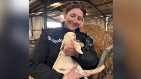Gloucestershire Constabulary Sgt Jess Brown in her police uniform, holding a white baby goat. She has brown hair and some sunglasses on her head. She's stood in a barn with hay barrels behind her. 