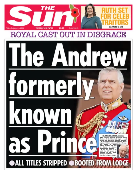 "The Andrew formerly known as Prince" reads the headline on the front page of The Sun.
