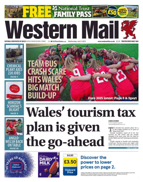 Western Mail Western Mail front page with headline Wales tourism tax given the go-ahead and image of Wales women's football team in a huddle on the pitch in red kit with headline team bus crash scare hits Wales' big match build-up