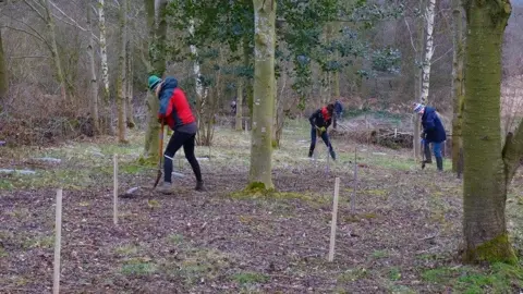 North Northamptonshire Council Several people use spades to dig the ground in a wooded area, with wooden stakes marking spots across the forest floor.