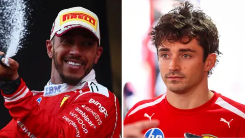 A split image of Lewis Hamilton spraying champagne and Charles Leclerc looking disappointed 