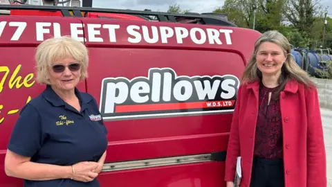 Jane Kirkham Two women stand next to a van bearing the Pellows logo. the woman on the right is jane Kirkham PM and she wears a red coat