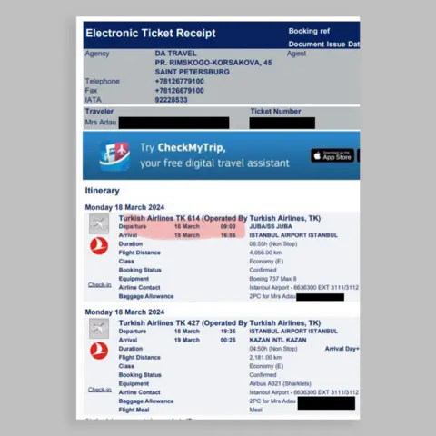 Supplied to the BBC  Screenshot of an online air ticket, showing a flight from Juba to Istanbul on 16 March