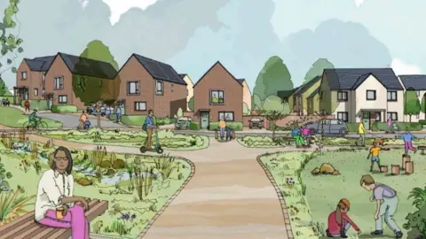 An artist's impression of a row of houses behind a park which has people in it.