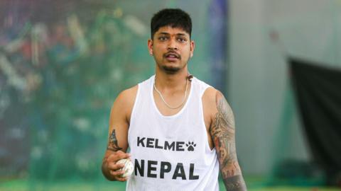 Nepali leg spinner Sandeep Lamichhane training indoors at the TU International Cricket Stadium in Kathmandu