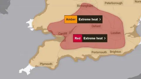 Met Office A Met Office map showing areas effected by high heat. 