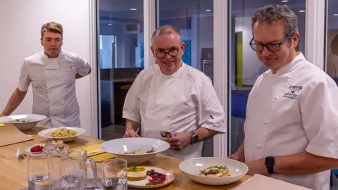 Dressed in chefs' whites three Jersey chefs judged the food at the 2024 contest.
They are Tom Radiquet of Samphie, Tony Doris of JP Restaurants and Andrew Baird of Longueville Manor.