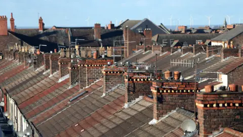  Terraced houses and rooftops in Everton, Liverpool, Merseyside