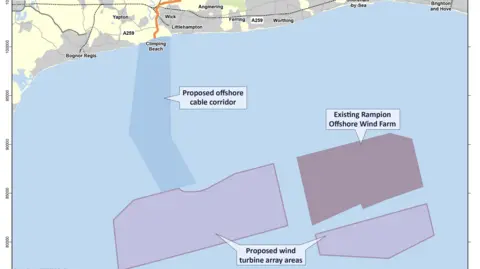 Rampion Extension Development A map showing where the Rampion 2 windfarms will be constructed, which is off Sussex coast.