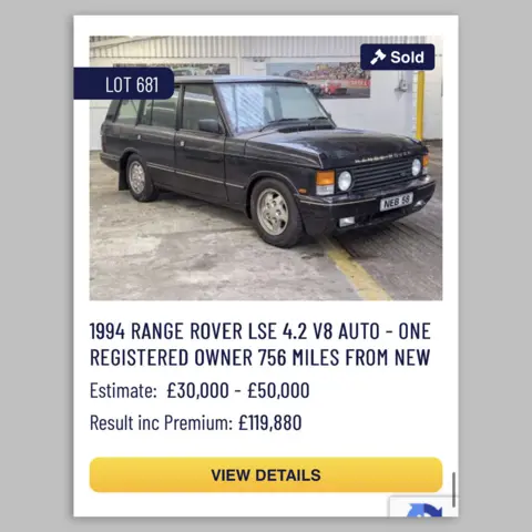 Anglia Car Auctions A picture of the vehicle with the auction details, showing an estimate of £30,000-£50,000 and a sale price of £119.880.
