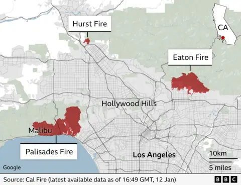 Map showing the locations of the Palisades, Eaton and Hurst fires