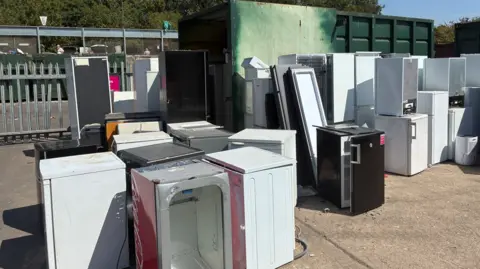 BBC More than a dozen, mainly white, appliances are next to each other outside. Railings and trees are in the background.
