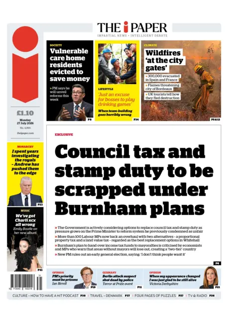 "Council tax and stamp duty to be scrapped under Burnham plans," reads the headline on the front page of the i Paper.