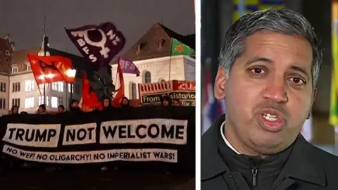 Spilt screen of a man in a black coat and protesters with a sign saying 'Trump not welcome'