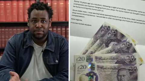 Reporter Terel Edmunds, alongside a letter from the student and £100 in cash in £20 notes