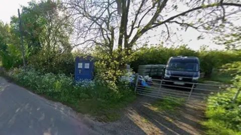 Google A Tardis is placed among shrubs and trees at the side of a road. There is a metal gate nearby and a blue van is parked behind it.