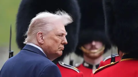 US President Donald Trump inspects a Guard of Honour during a Ceremonial Welcome in the Quadrangle at Windsor Castle, in Windsor, on September 17, 2025, during the US President's second State Visit. US President Donald Trump arrived in Britain for an unprecedented second State Visit, with the UK government rolling out a royal red carpet welcome.
