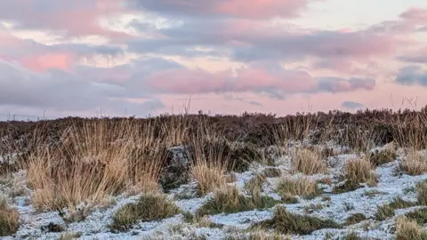 Caroline Hudson Snow and frost on dormant heather plants with a pink, purple and blue sky overhead.