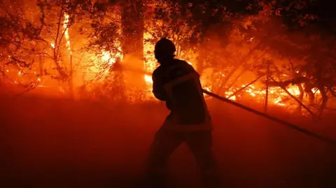 A firefighter faces the flames and is tackling them with a hose