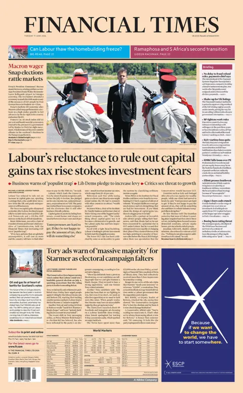 FT headline reads: Labour's reluctance to rule out capital gains tax rise stokes investment fears 