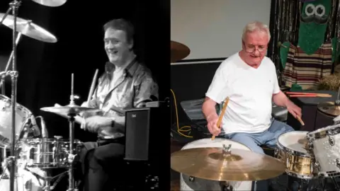 Vinny O'Donnell playing the drums in two images put together. The left image is an old black and white photo, O'Donnell is wearing a patterned shirt and smiling as he plays the drums. On the right is a recent colour image of him in a white t-shirt and light denim jeans playing the drums and smiling wearing black framed glasses. 