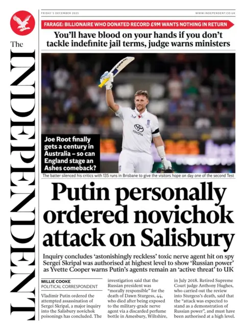 "Putin personally ordered novichok attack on Salisbury" reads the headline on the front page of the Independent.