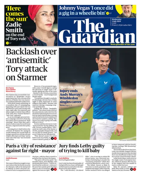 The headline in the Guardian reads: "Backlash over 'antisemitic' Tory attack on Starmer".