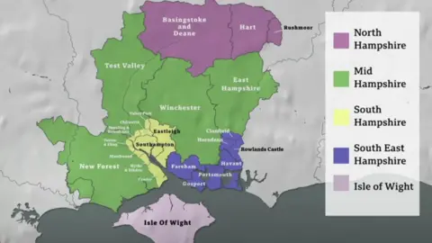A map of the Hampshire councils in a graphic shown on BBC News.