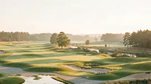 Angus Land Company Ltd The mock up shows a golf course, with greens, bunkers and water hazards on a sunny day.