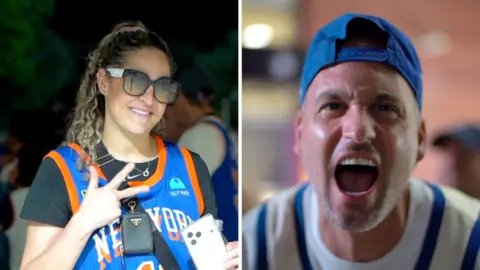 Split screen image showing a woman in a New York Knicks jersey holding up a peace sign and a man in a blue cap yelling at the camera.