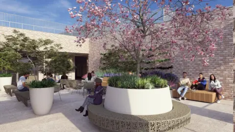 Culture House Sunderland An artist impression of the rooftop garden. There are chairs and benches and a cherry tree in the middle. 