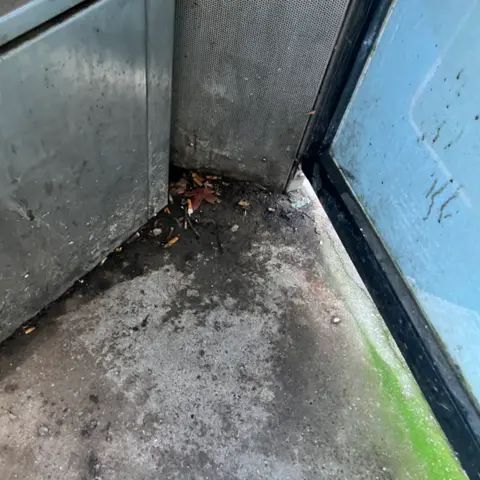 The grubby floor of a phone box with the platic wall behind and cigarette butts litering a floor which also has mould and wet patches.