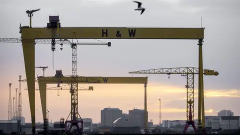 A seagull flies over Harland and Wolff cranes. Buildings are in the background. The sky is cloudy, with pink from the sun shining through. The cranes are bright yellow with H & W marked on them in black.