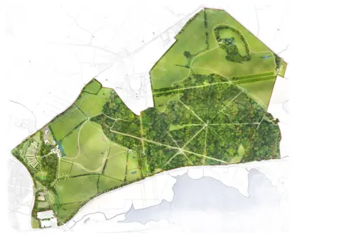 Gillespies A map showing the masterplan of the site highlighted in green on a white background map