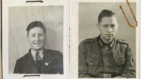 Black and white photos of a man on left in a suit and tie and a World War Two German soldier on the right.