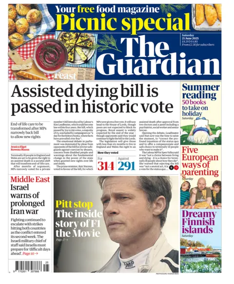 The headline on the front page of the Guardian reads: "Assisted dying bill is passed in historic vote"