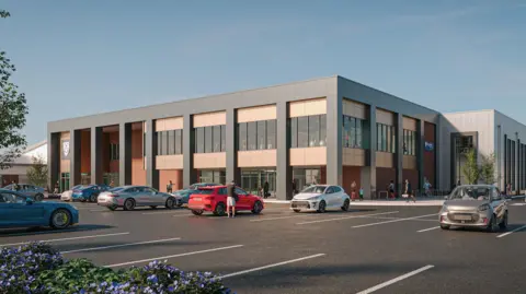 A computer generated image showing a two-storey building, with cladded columns and large glass windows on the first floor. Cars in parking bays can be seen in the foreground.