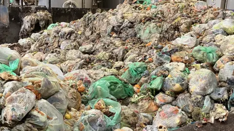 Image shows piles of bags of food waste, many split with vegetables, bread and mushed up food