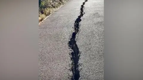 A close-up image of a long deep crack in a pavement
