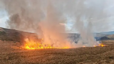 Mid and West Wales Fire and Rescue Service Orange wildfire can be seen ripping across a hillside. The flames glow bright yellow and smoke can be seen rising from the line of fire. Mountains can be seen behind the flames. 