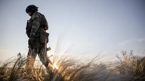 A soldier wearing a helmet and body armour walks across a grassy landscape, looking towards the ground. The photographer appears to be looking up at the soldier through the long grass.