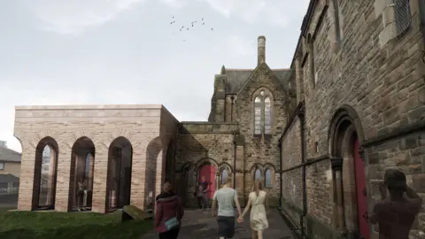 JM Architects An artist's impression of the redeveloped Govan Old Parish Church, showing people walking around the courtyard of the building