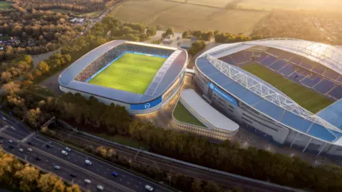 BHAFC An illustration of albion's amex stadium which has a blue roof and the women's stadium next to it which is smaller and has a similar curved design