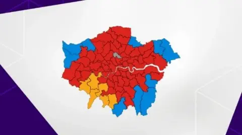 Graphic showing the political make up of London with Labour constituencies marked in red, Conservative in blue and Lib Dem in yellow