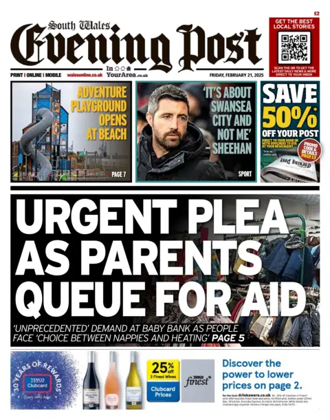 South Wales Evening Post Front page of the South Wales Evening Post with the main headline: Urgent plea as parents queue for aid. 
Other headlines on the front page: Adventure playground opens at beach. 'It's about Swansea City and not me' - Sheehan. 