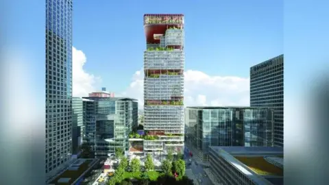 Canary Wharf Group An artist's impression shows the tower block remodelled with green plants on a podium and at various levels of the building, and new more open areas at the bottom of the tower and an enclosed space with greenery on the top floor.