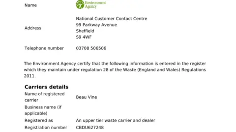 Country Land and Business Association A form which states 'Beau Vine' is an upper tier waste carrier and dealer