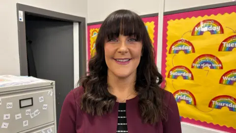 Dr Carole Campbell wearing a dark top and a burgundy jacket stands in a classroom. Behind them is a bright yellow display board showing the days of the week in rainbow‑themed designs. To the left is a grey filing cabinet with letter tiles attached to the drawers, and in the background are white and grey classroom walls with visible door frames and noticeboards.