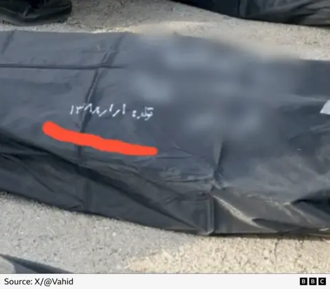 Black body bag with white writing in Persian detailing date of birth of a victim
